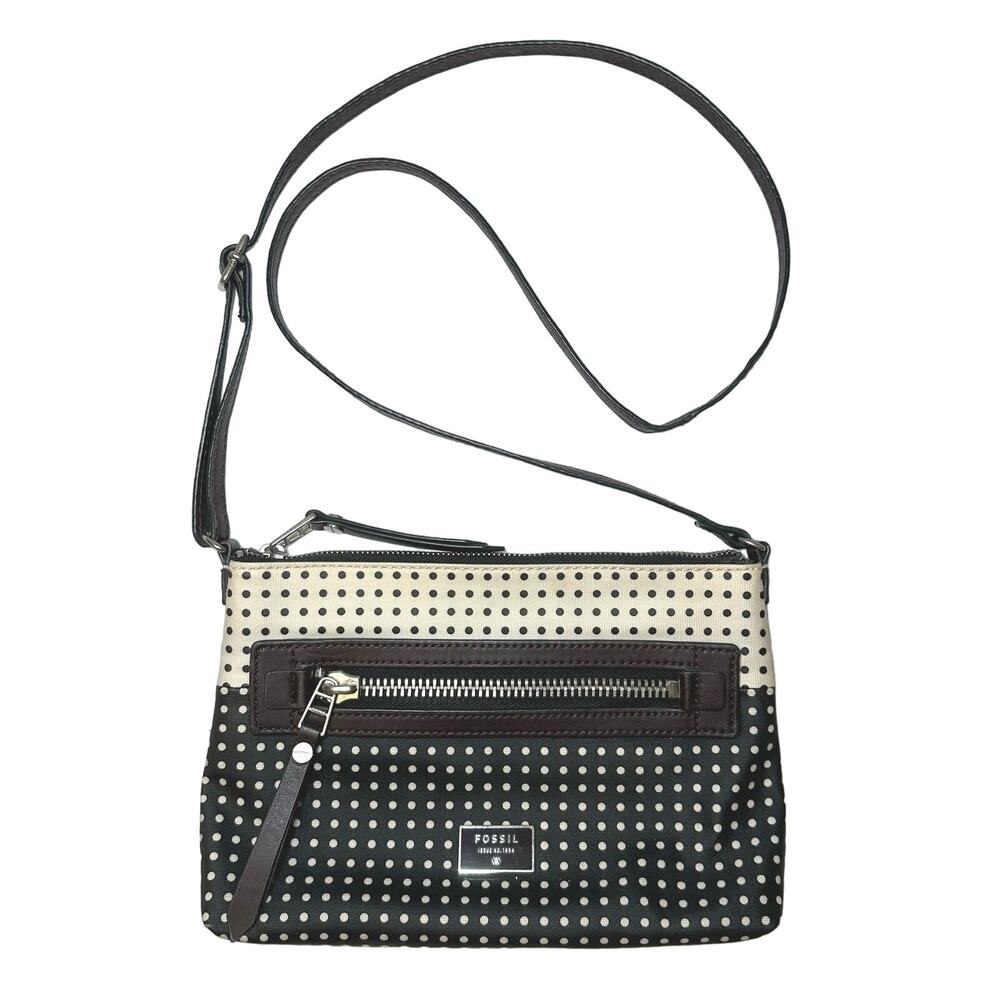 Fossil Dawson Polka Dot Brown, Black and Cream Crossbody Purse